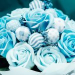 blue and white artificial flower bouquet