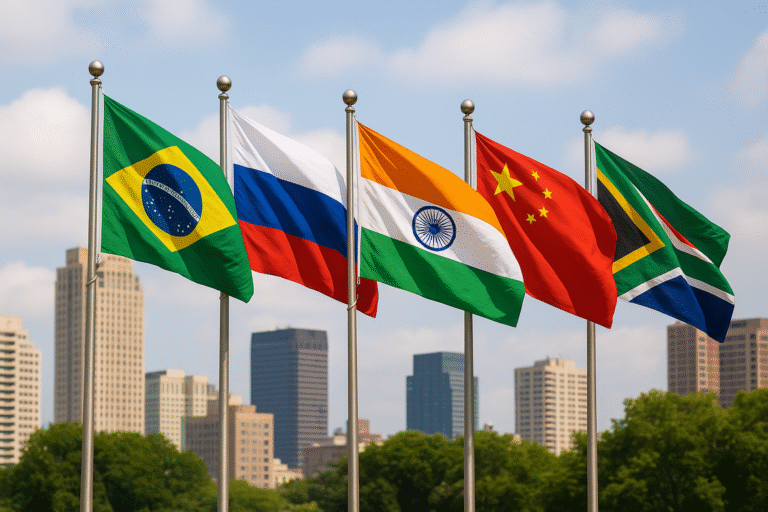 Illustration showing BRICS member flags with global economic symbols
